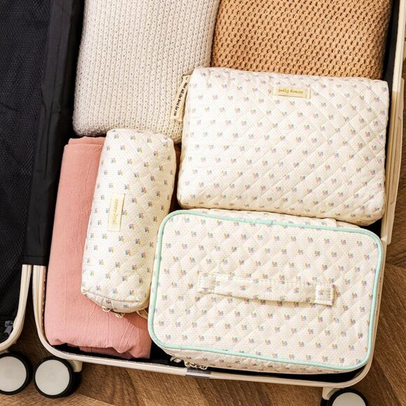 Quilted Makeup Bag, 3PCS Cotton Large Travel Makeup Bag, Cute Floral Coquette Ma - Picture 3 of 7